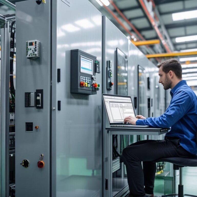 linia-produkcyjna-w-fabryce-sterownik-plc-i-reszta-komponentow-w-szafie-sterowniczej-obok-programista-tworzacy-oprogramowanie-na-laptopie-square